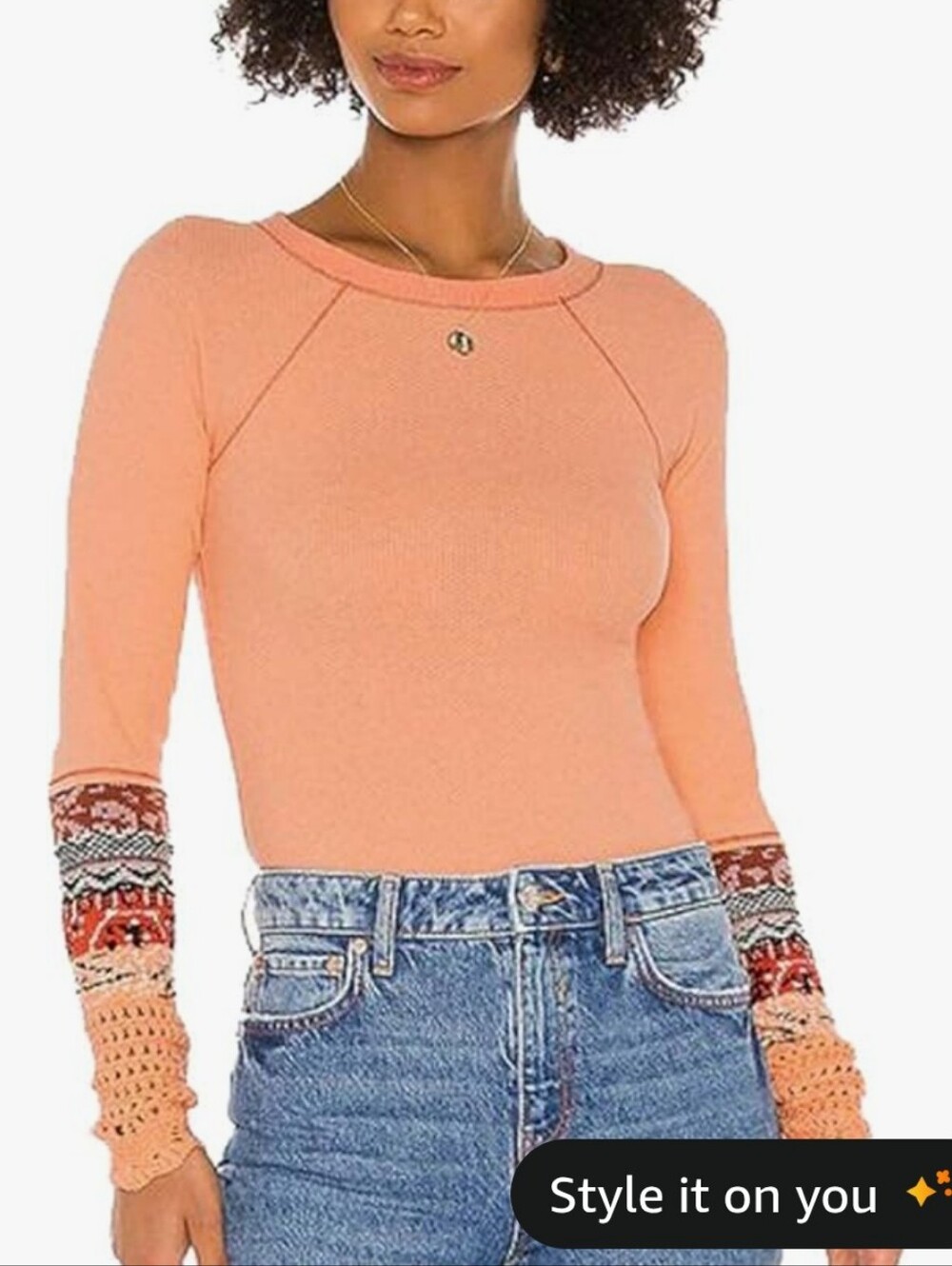 Free People Orange In The Mix Cuff Long Sleeve Thermal Top S